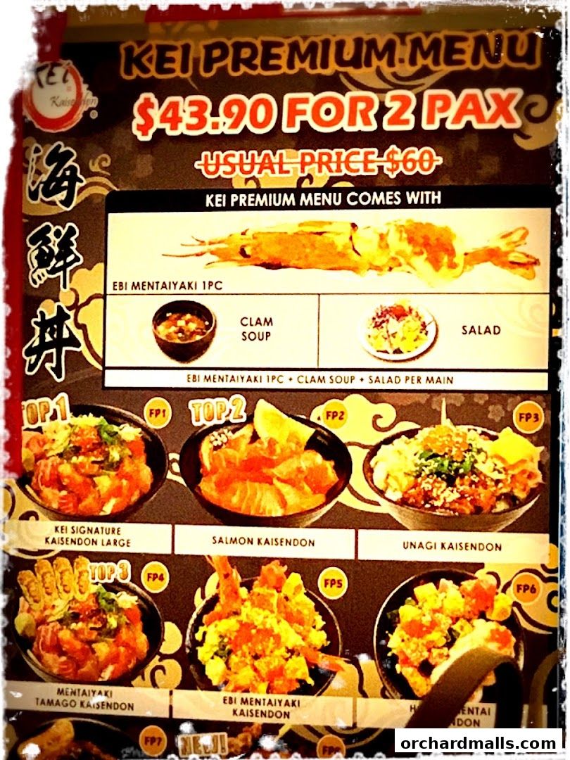 A menu for Kei Kaisendon featuring a premium set for two at a discounted price.