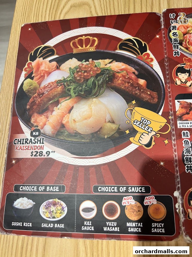 A menu featuring Chirashi Kaisendon with choices of base and sauce.