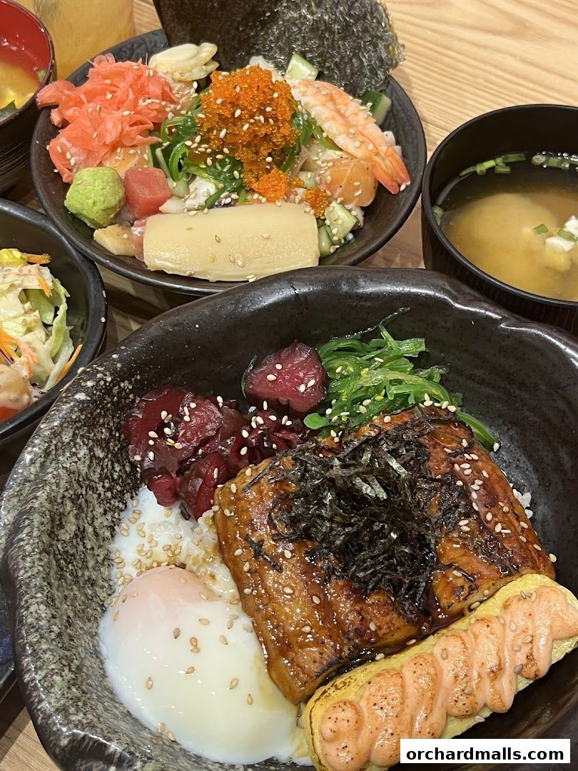 Close-up of two delicious Japanese rice bowls with various toppings and a side of miso soup.