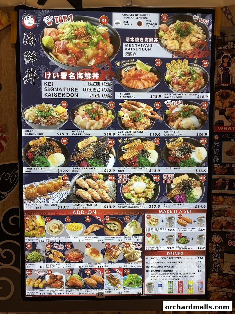 A menu board for Kei Kaisendon Wheelock Place, showcasing various seafood rice bowls and side dishes.