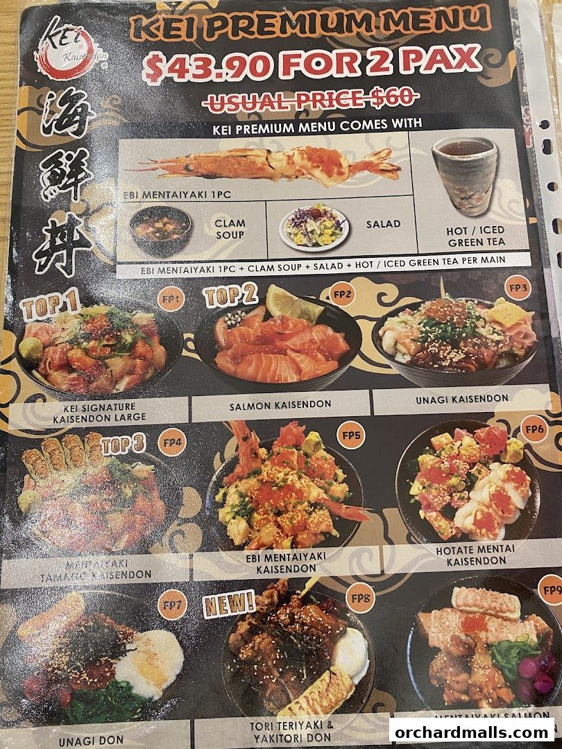 A menu from Kei Kaisendon featuring premium sets and various Kaisendon dishes.