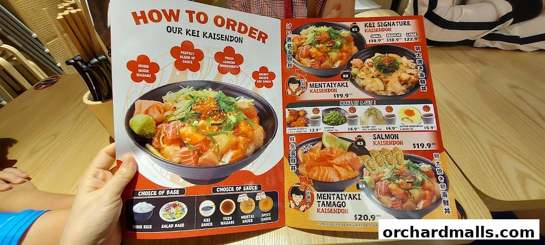 A menu showcasing various Kaisendon bowls with fresh sashimi and sauce options.