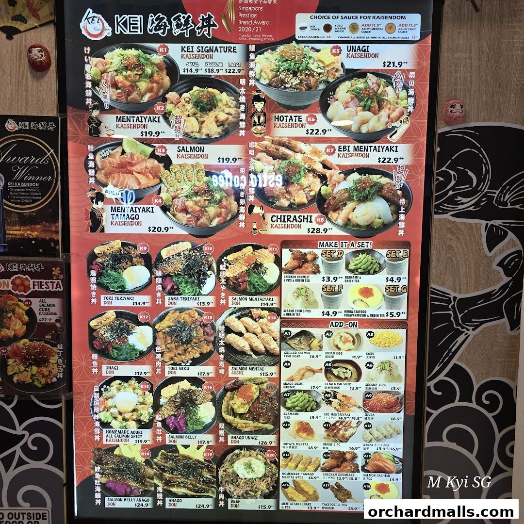 A menu board for Kei Kaisendon featuring various seafood rice bowls and set meals.