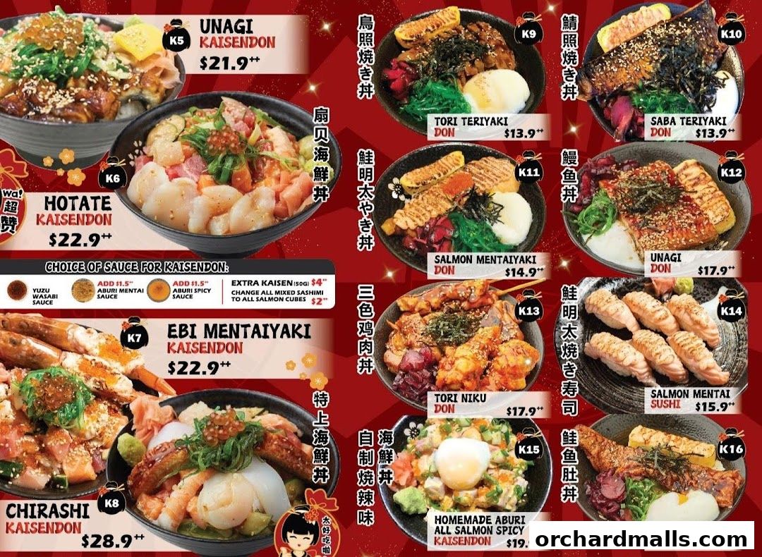 A vibrant menu showcasing various Japanese Kaisendon and Donburi dishes with prices.