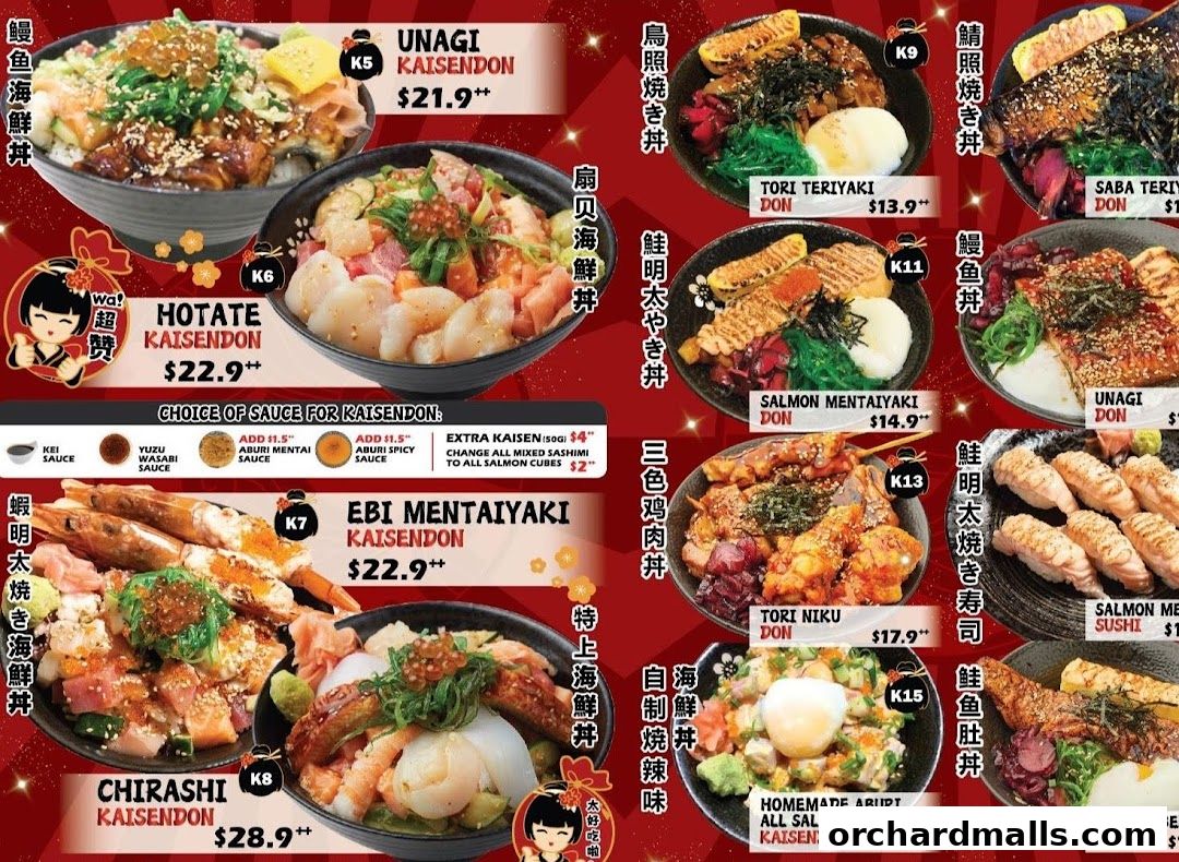 A vibrant menu showcasing various Kaisendon and Donburi dishes with prices.