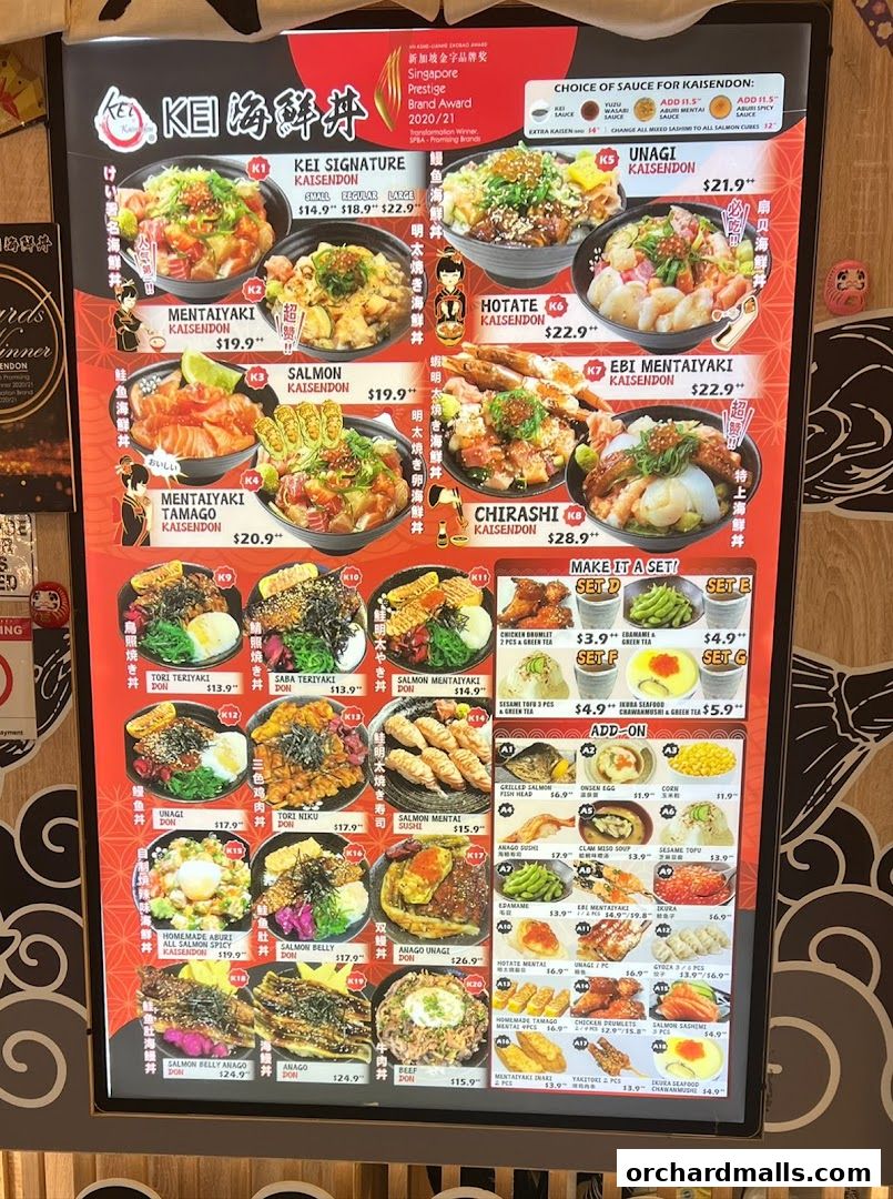 A menu board displaying various Kaisendon and Donburi dishes with prices.