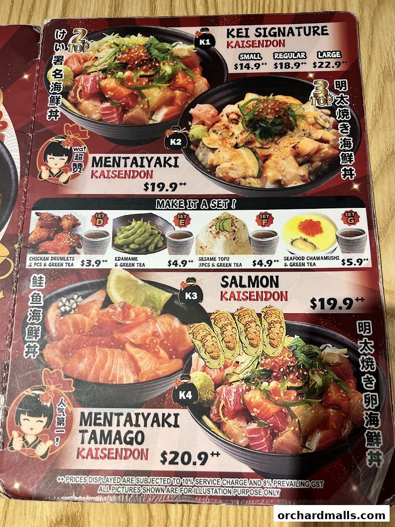 A menu featuring various Kaisendon dishes with prices and set options.