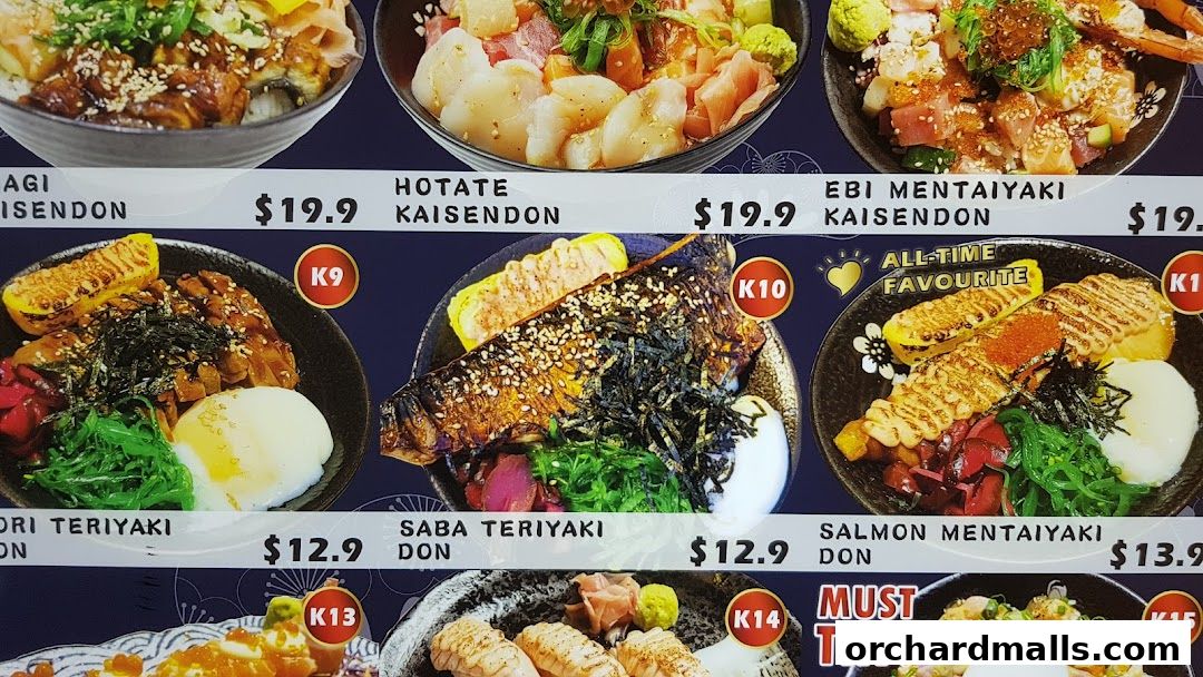 A menu display featuring various Kaisendon and Donburi dishes with prices.