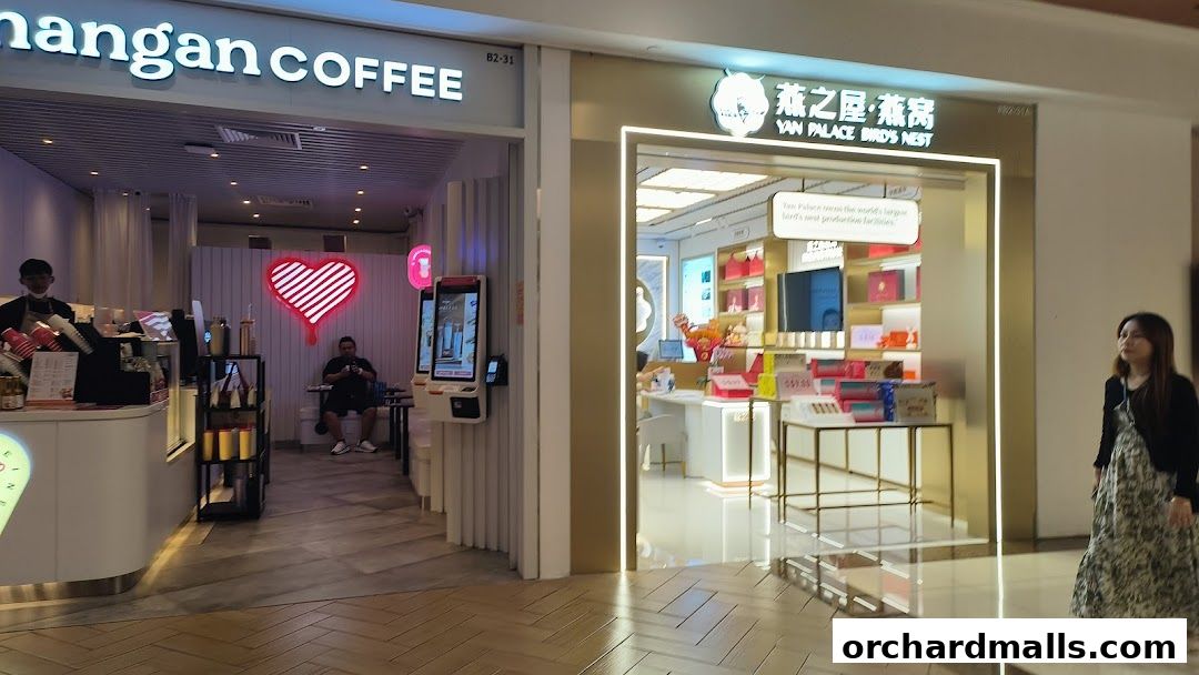 The exterior of Kenangan Coffee and Yan Palace Bird's Nest shops in a mall.
