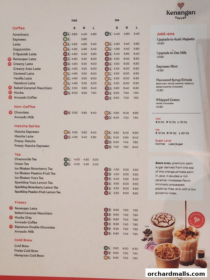 A menu for Kenangan Coffee Takashimaya Shopping Centre, listing coffee, tea, and other beverages with prices.