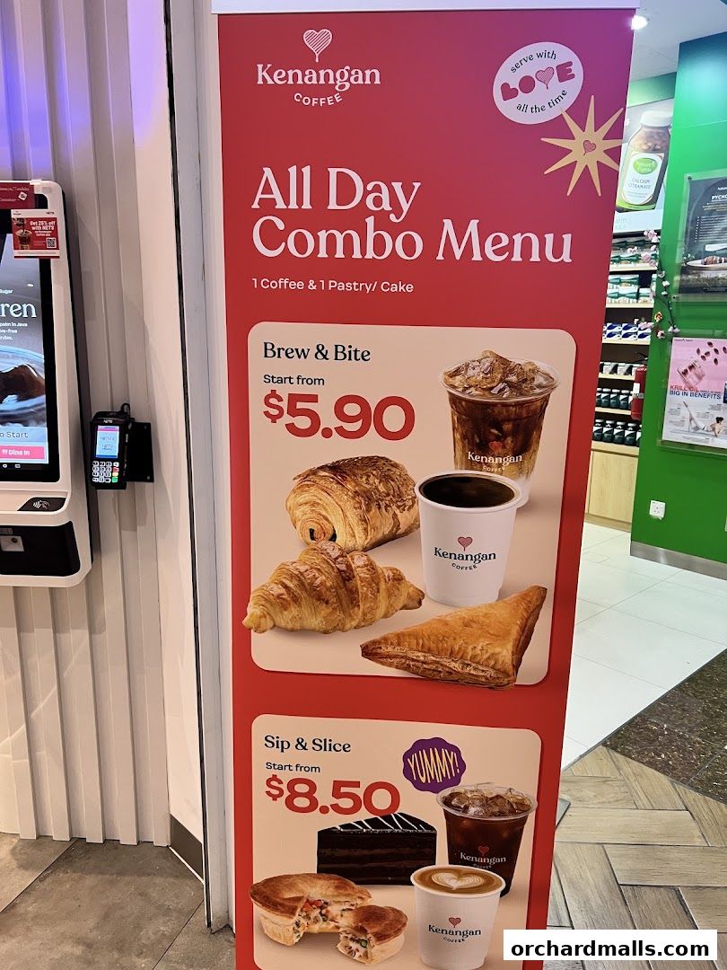 A menu banner for Kenangan Coffee featuring all-day combo deals with coffee and pastries.