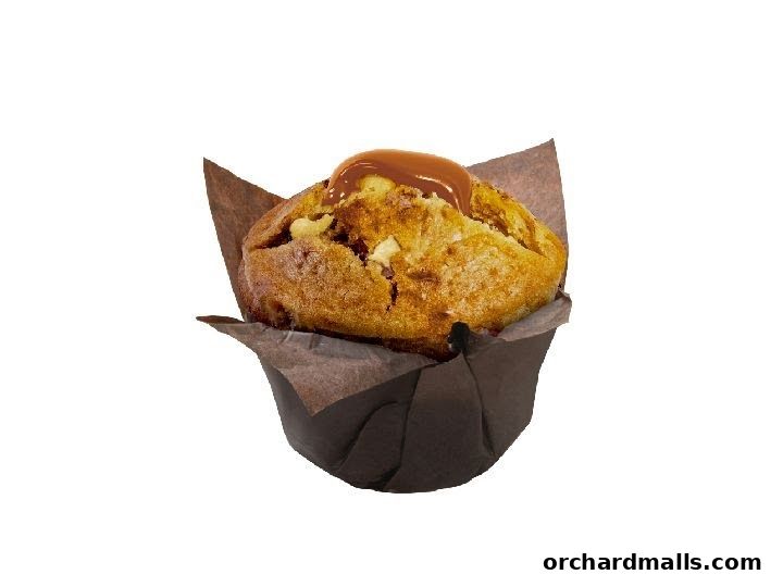 A delicious caramel muffin topped with a swirl of caramel sauce.