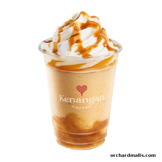 A delicious caramel frappe topped with whipped cream and caramel drizzle.