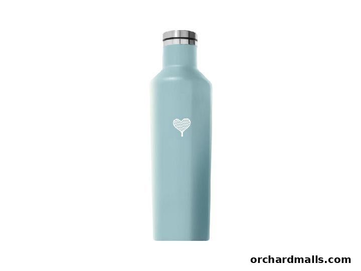A light blue reusable water bottle with a white heart logo and silver cap.