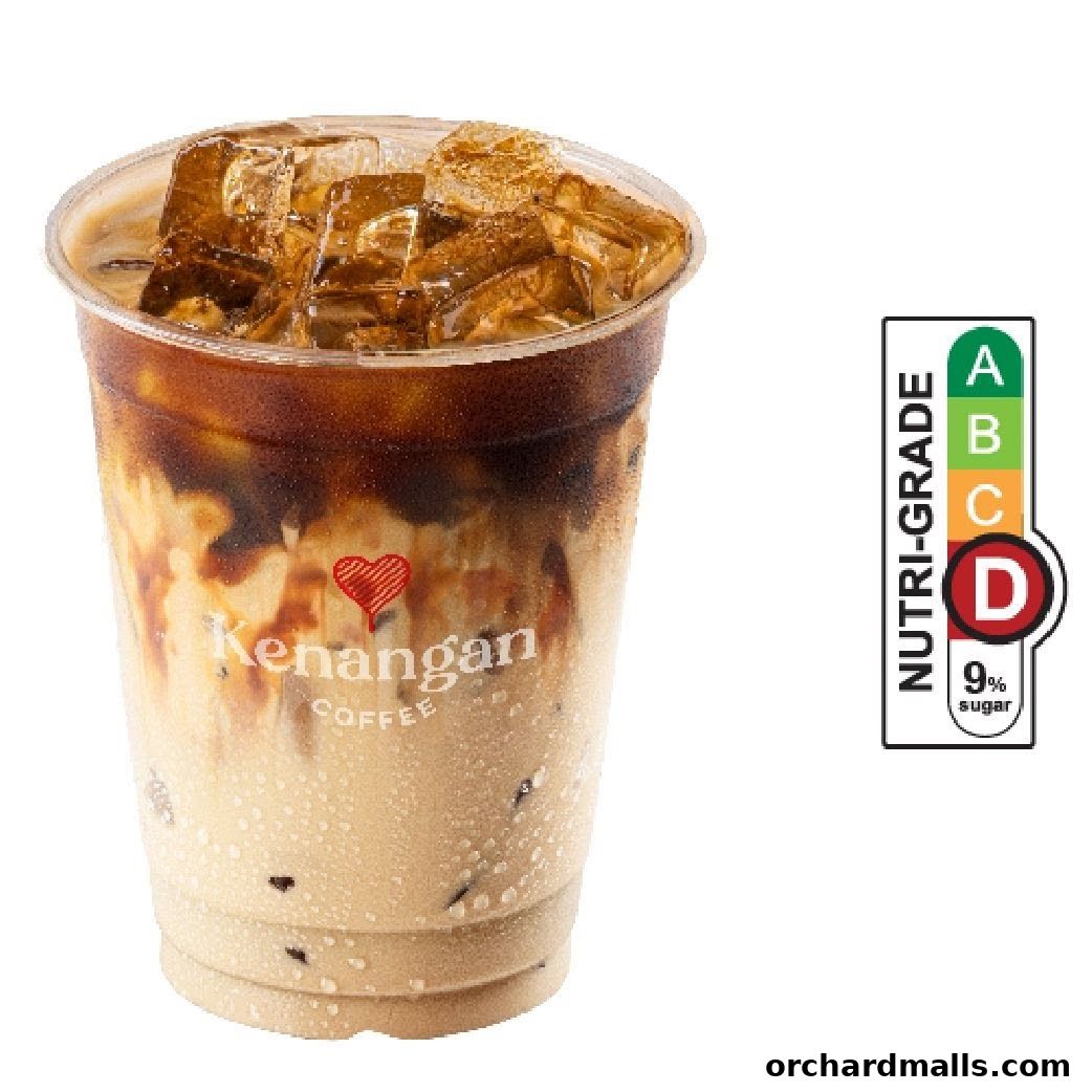 A refreshing iced coffee with layered milk and coffee, branded Kenangan Coffee.