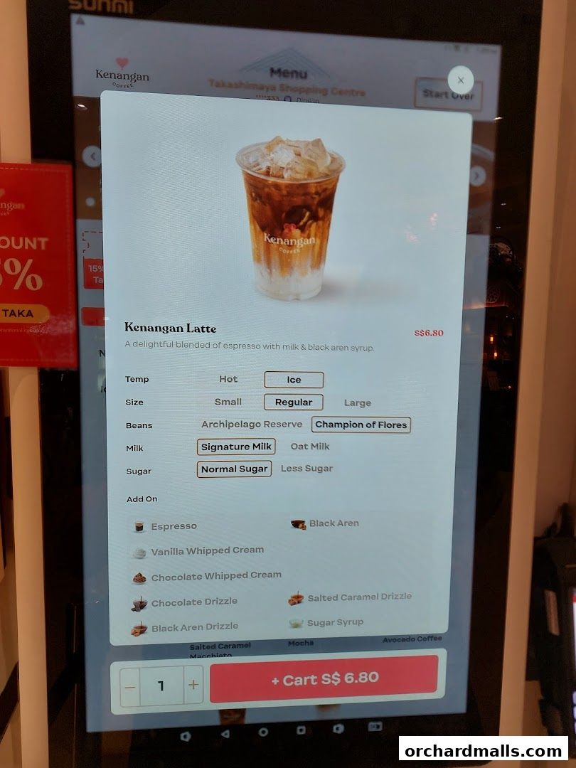 A digital menu displays the Kenangan Latte with customization options.
