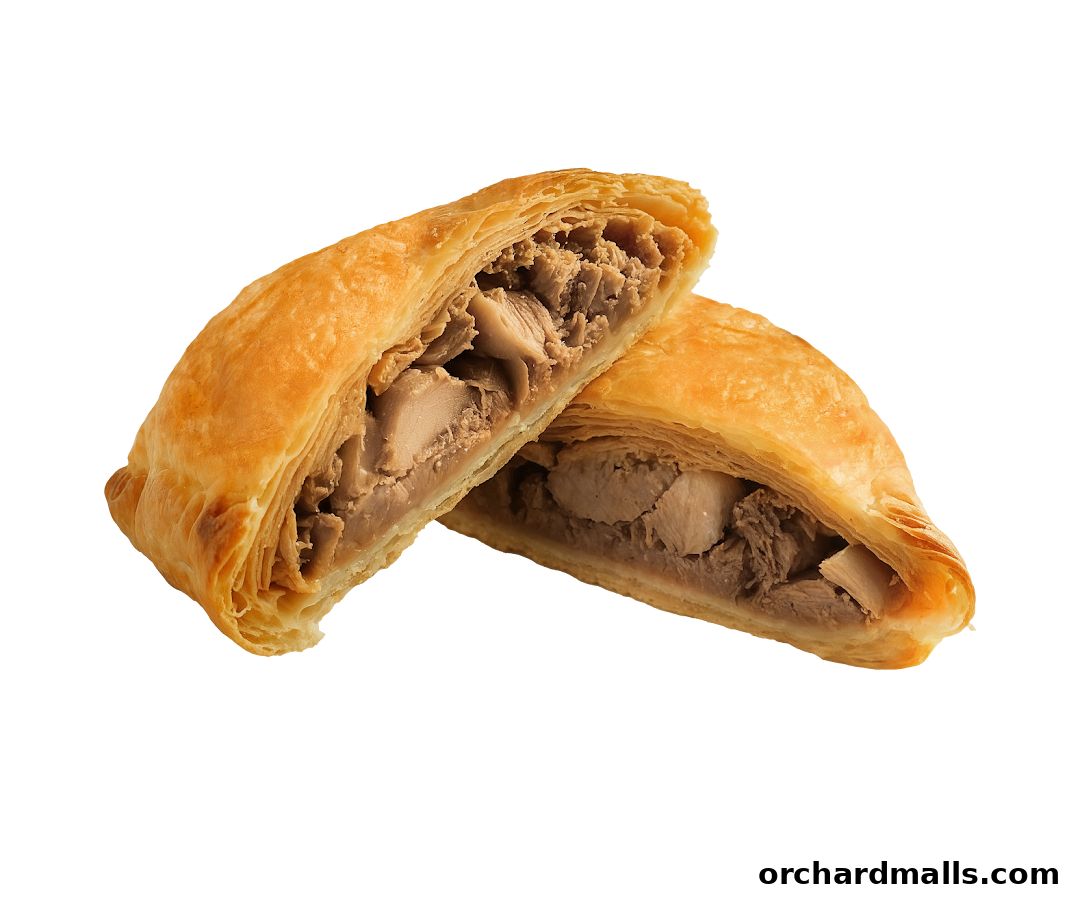 A savory pastry filled with tender meat, cut in half to reveal the filling.