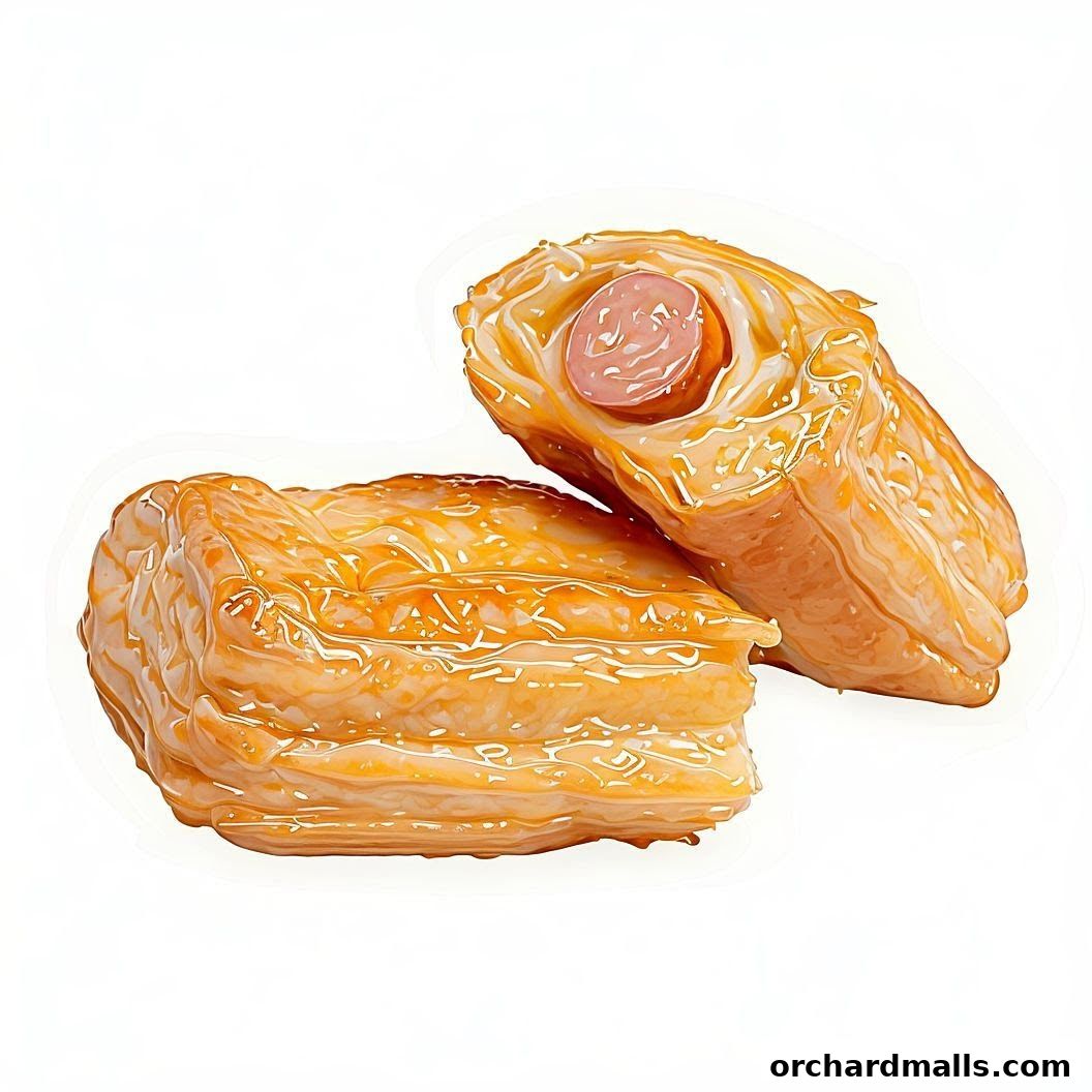 Two golden-brown pastries with visible sausage filling, glazed and flaky.