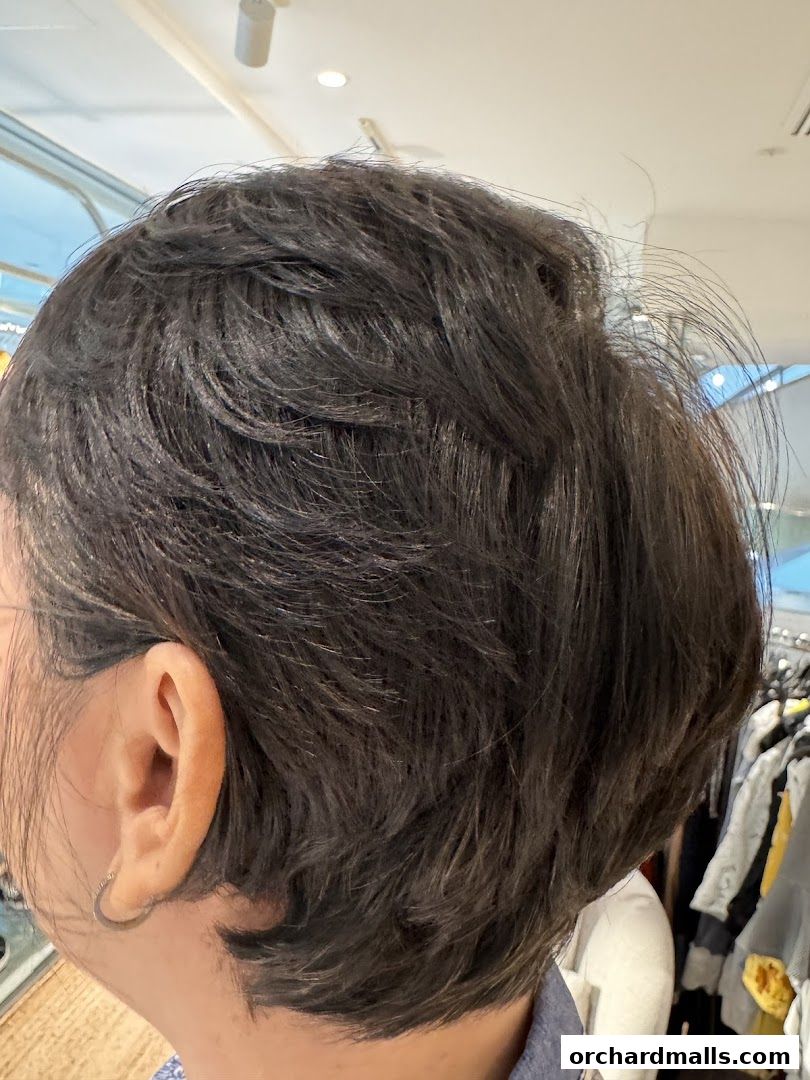 Close-up of a person's dark, layered haircut with an ear visible.