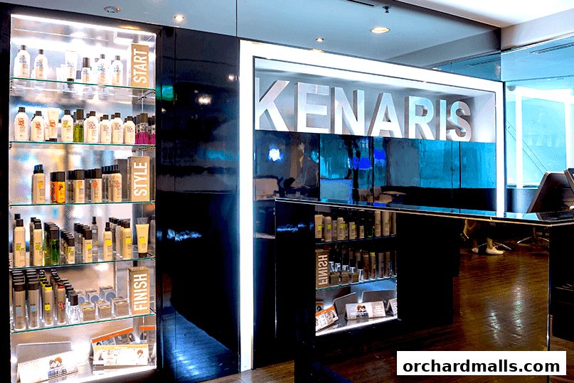 Interior of Kenaris Salon showcasing hair products on display shelves and the salon's name.