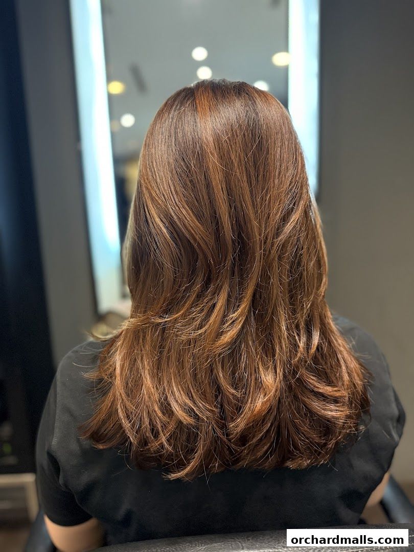 Back view of a person with beautifully layered, brown hair with subtle highlights.