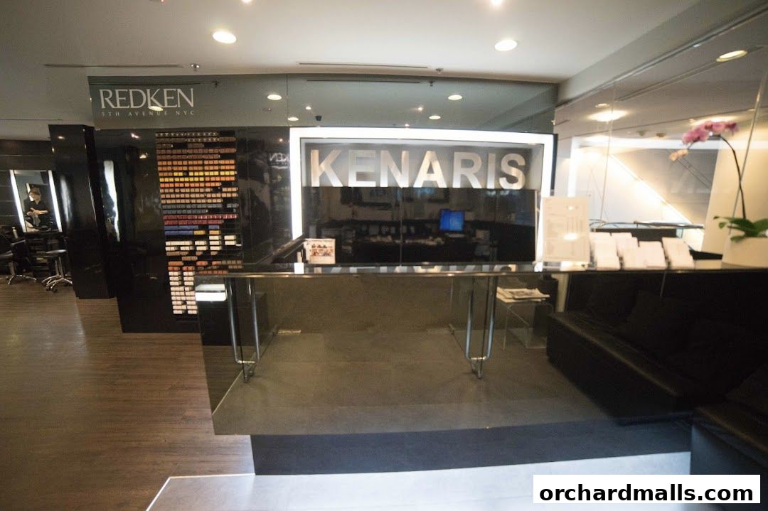 Interior of Kenaris Salon with a reception desk, hair color swatches, and seating area.