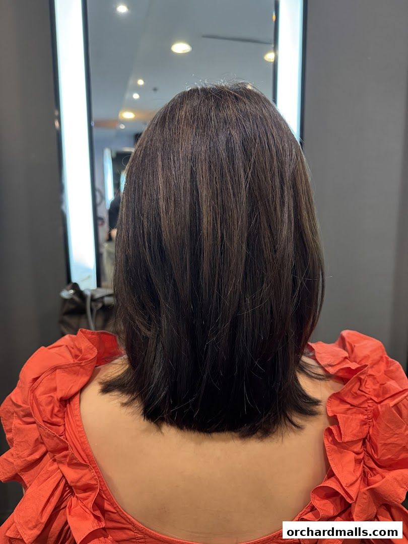 Back view of a woman with a fresh haircut and styled dark brown hair.