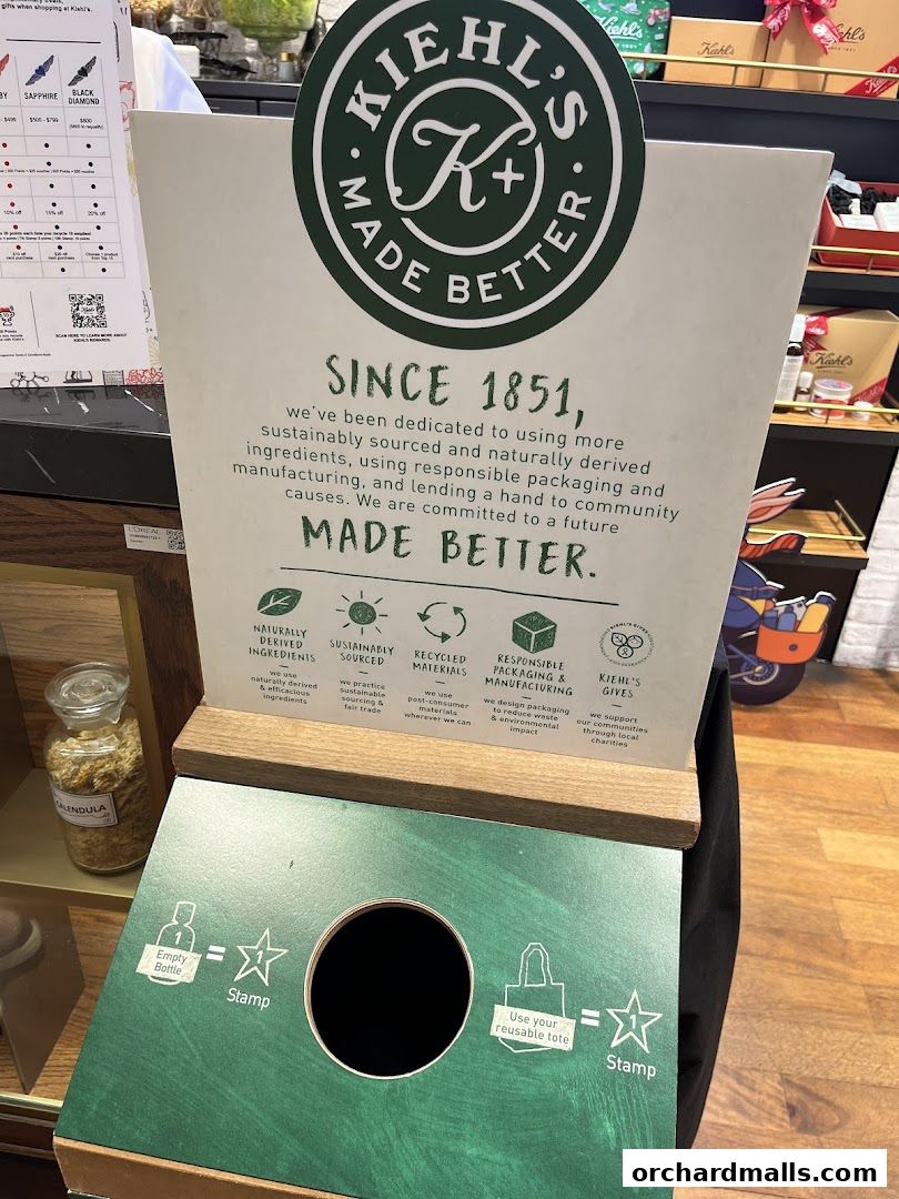 Kiehl's store sign highlighting their commitment to sustainability and community.