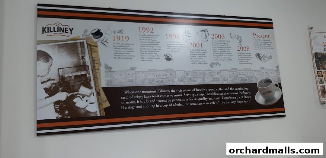 A historical timeline display for Killiney Kopitiam, showcasing its heritage and growth.