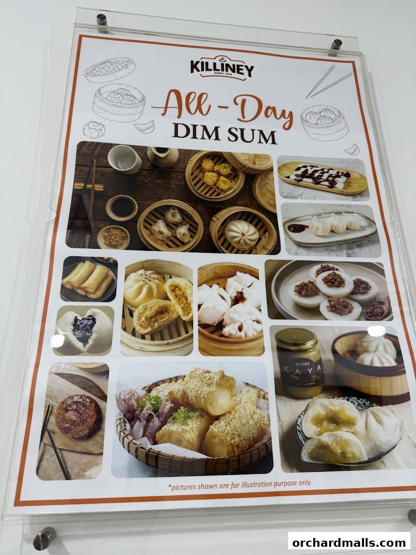 A poster showcasing Killiney's All-Day Dim Sum menu with various food images.
