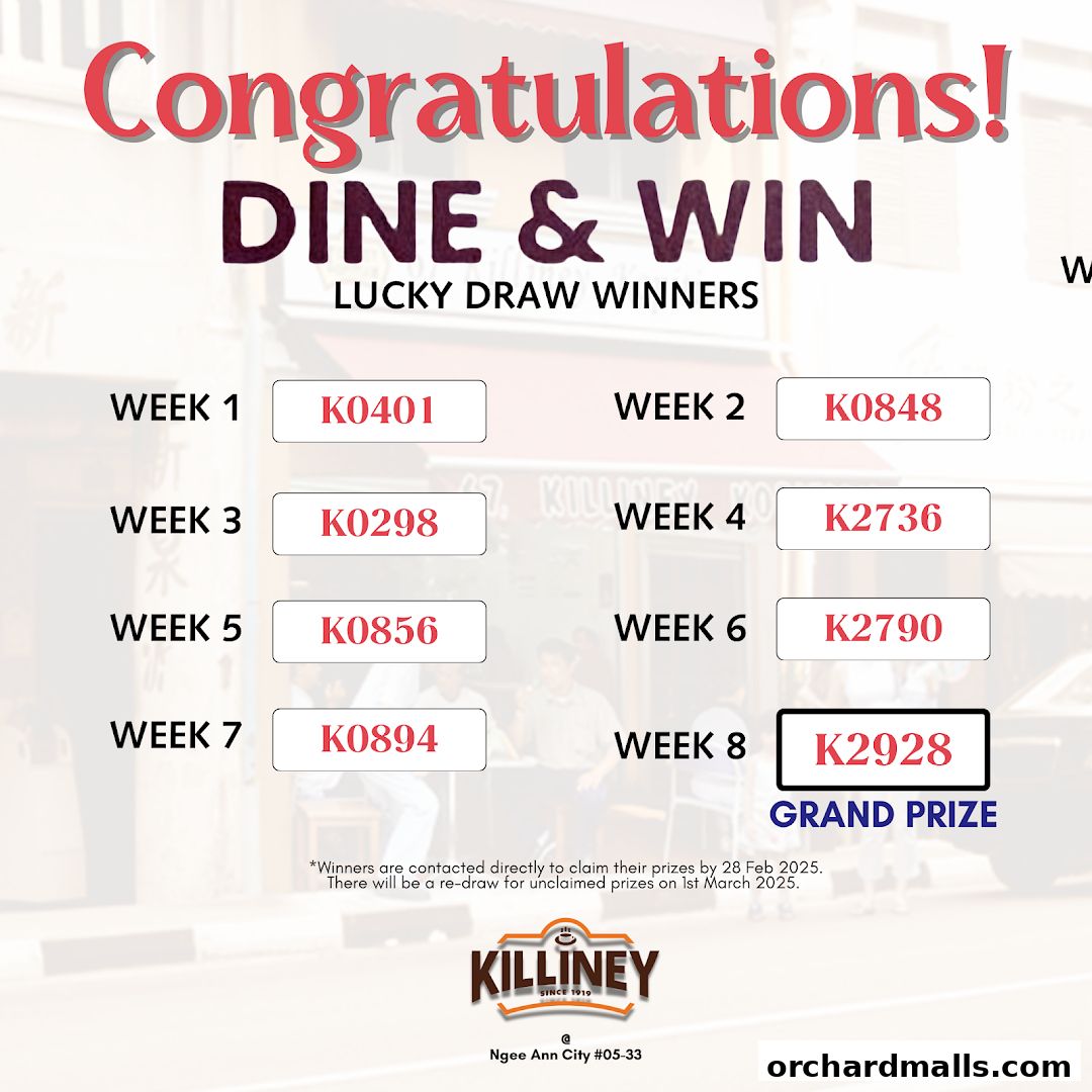 Killiney Ngee Ann City announces lucky draw winners for their Dine & Win promotion.