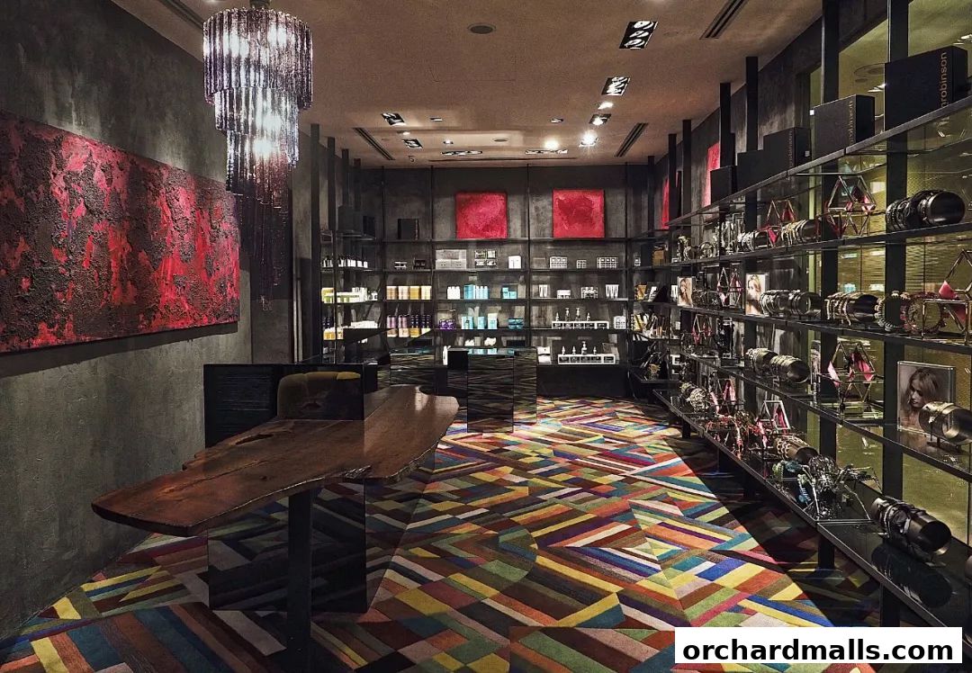 Interior of a stylish retail store with shelves stocked with products and a colorful geometric carpet.