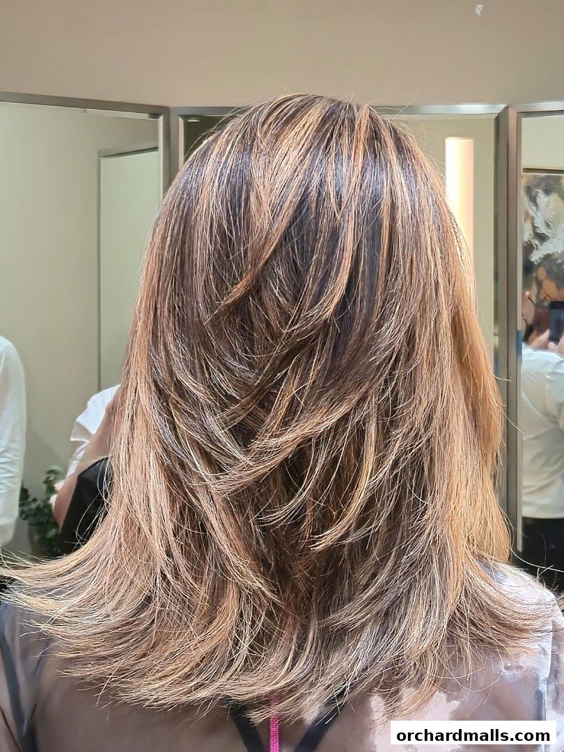 Back view of a woman's layered, highlighted brown hair with subtle blonde streaks.