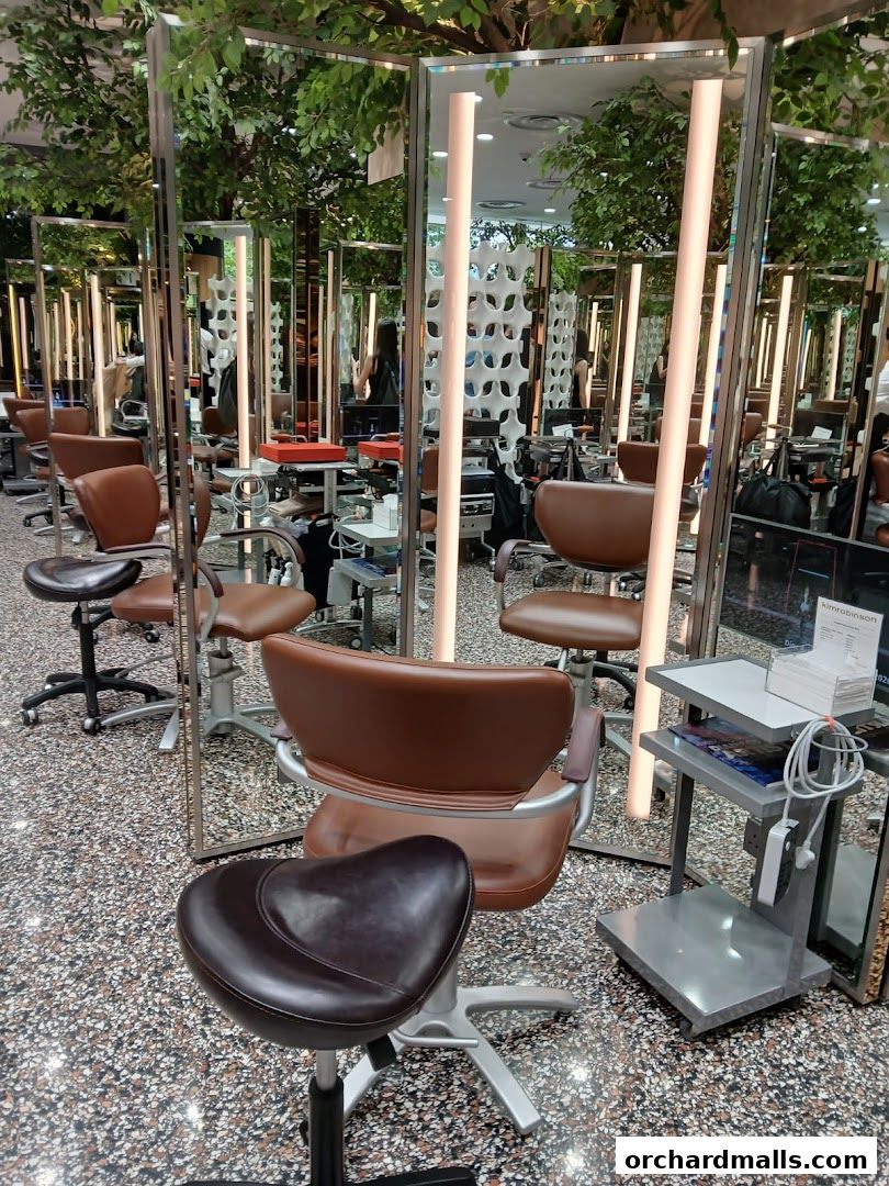 Interior of a modern hair salon with multiple styling chairs and mirrors.