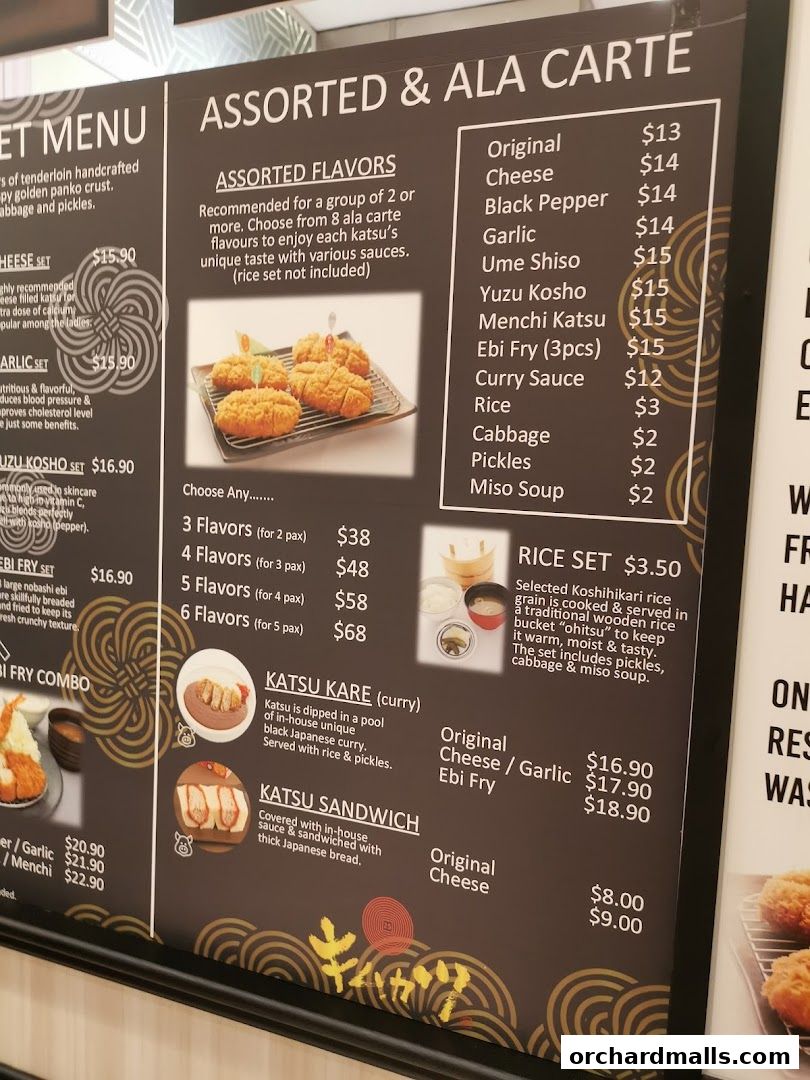 A menu board displaying assorted katsu flavors, sets, and combos with prices.