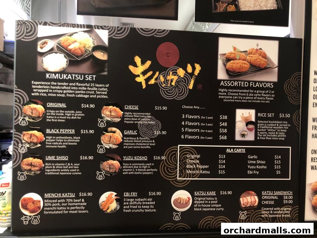 A menu board for Kimukatsu restaurant featuring various katsu dishes and sets.