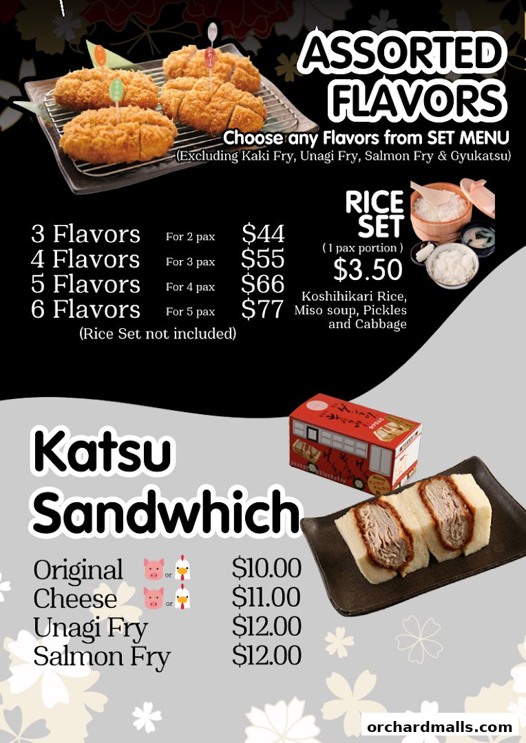A menu showcasing assorted katsu flavors and katsu sandwiches with prices.