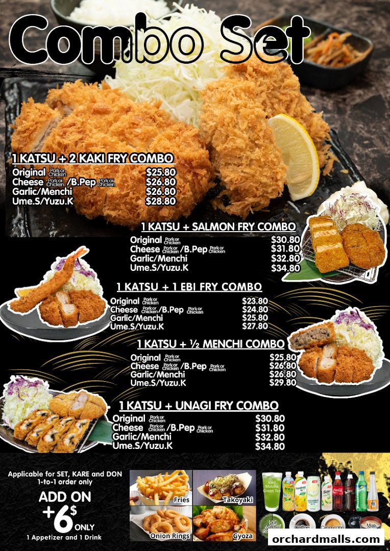 A menu showcasing various katsu combo sets with prices and side options.