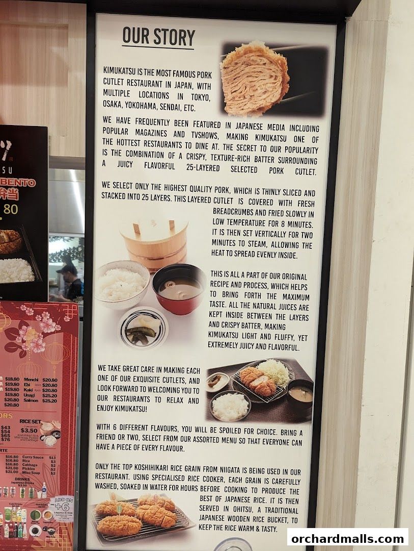 A sign detailing the story and preparation of Kimukatsu's signature pork cutlets.