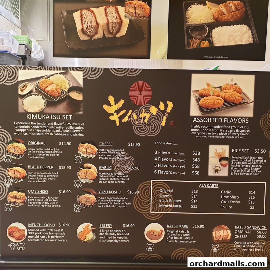 A menu display for Kimukatsu featuring various katsu dishes and sets with prices.