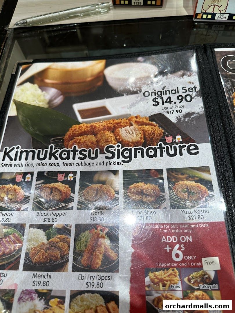 A menu page from Kimukatsu featuring various katsu dishes and side options.