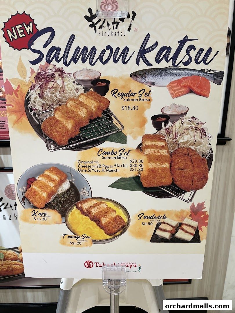 A menu board showcasing various salmon katsu dishes offered by KIMUKATSU.