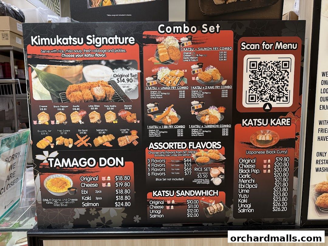A menu board for Kimukatsu featuring katsu dishes, combo sets, and katsu kare.