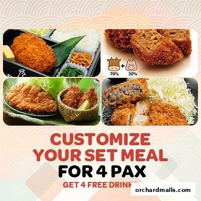 Collage of delicious katsu dishes and a promotion for a customizable set meal for 4.