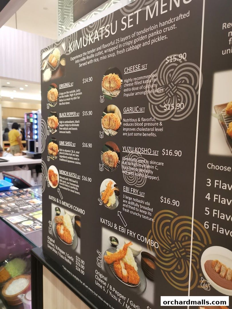 A menu board for Kimukatsu restaurant showcasing various katsu sets and combos.