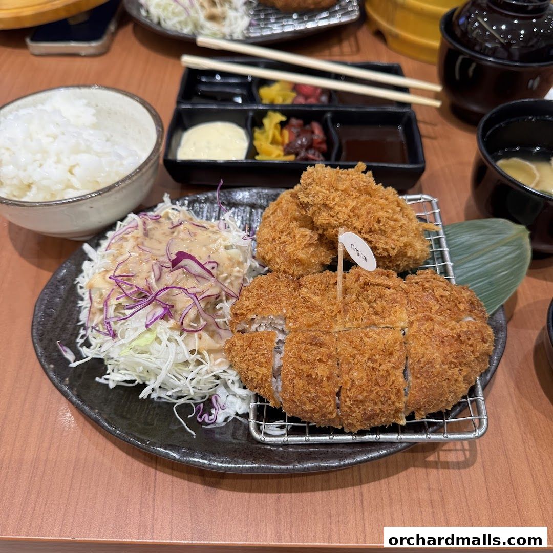 A delicious plate of katsu with rice, salad, and dipping sauces.