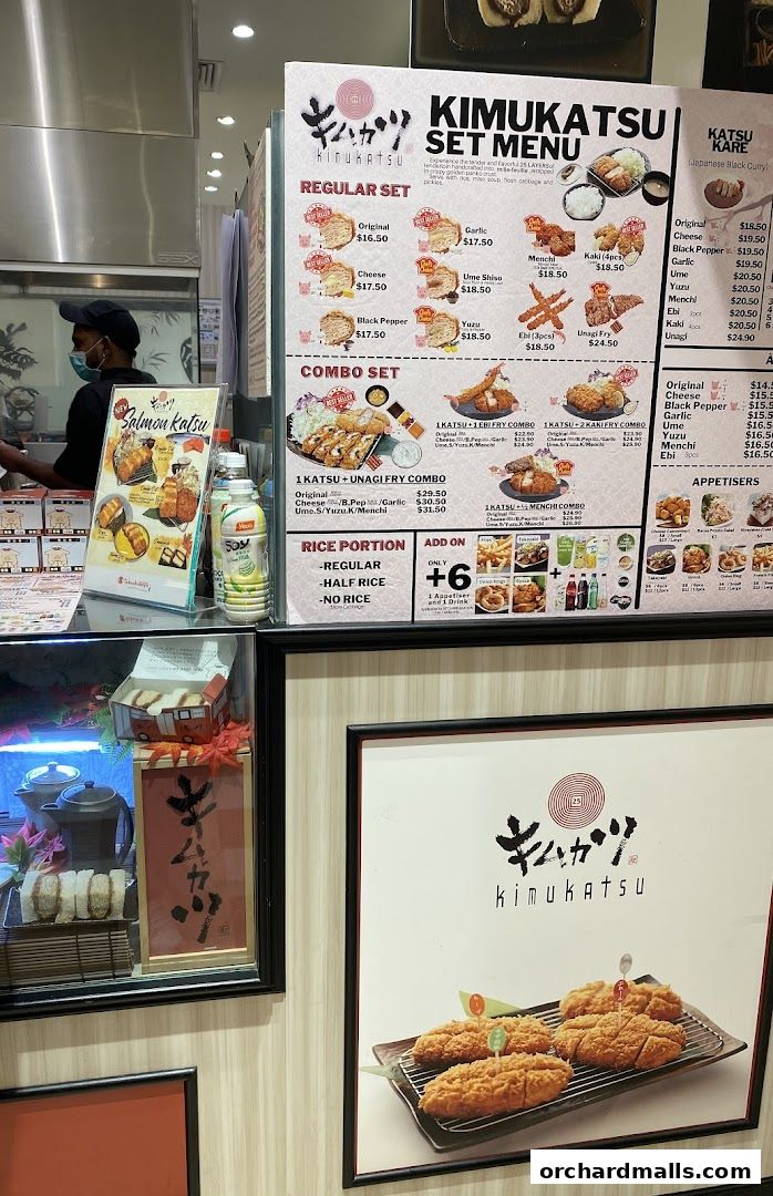 A menu board for Kimukatsu restaurant showcasing various katsu sets and combo meals.