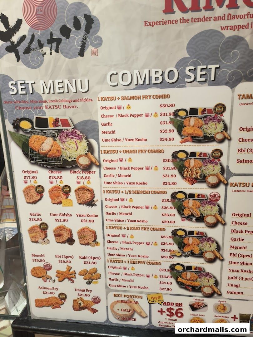 A menu for KIMUKATSU featuring set menus and combo sets with various katsu flavors.