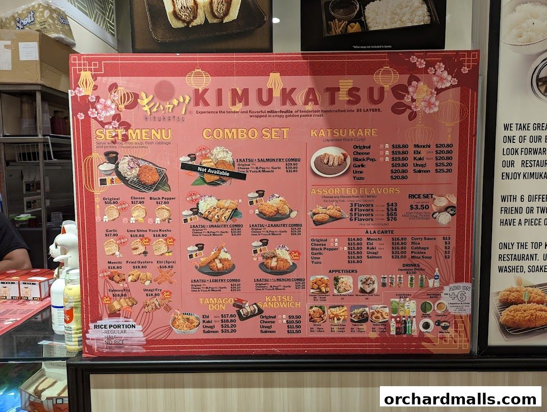 A menu board for KIMUKATSU, featuring katsu sets, combos, and à la carte options.