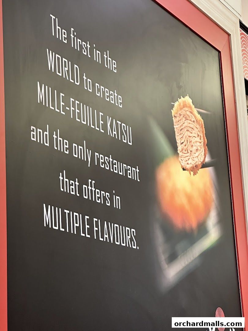 A sign for KIMUKATSU advertising their unique Mille-Feuille Katsu in multiple flavors.